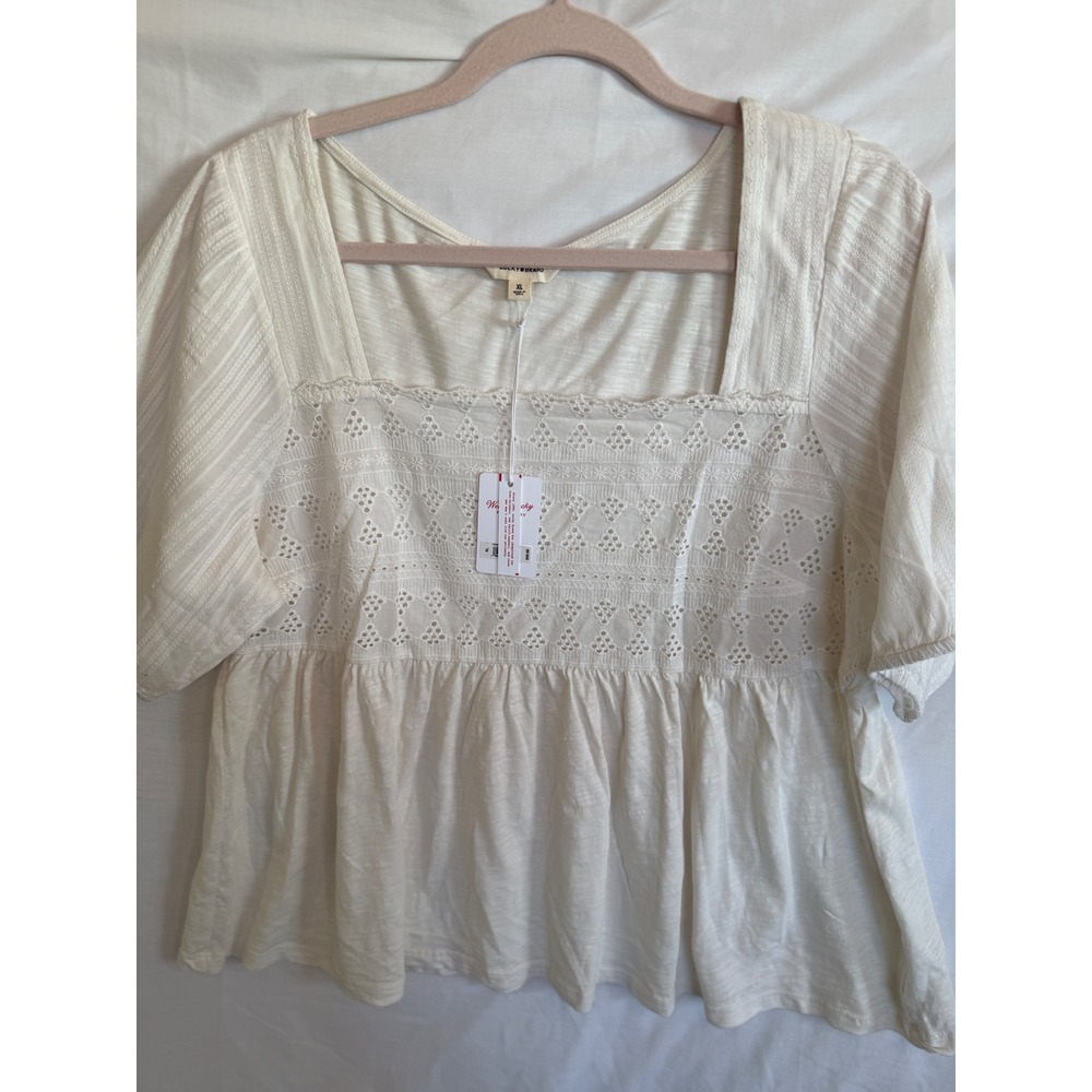 Lucky Brand White Cotton Eyelet Lace Peplum Top Short Sleeve Square Neck XL NWT